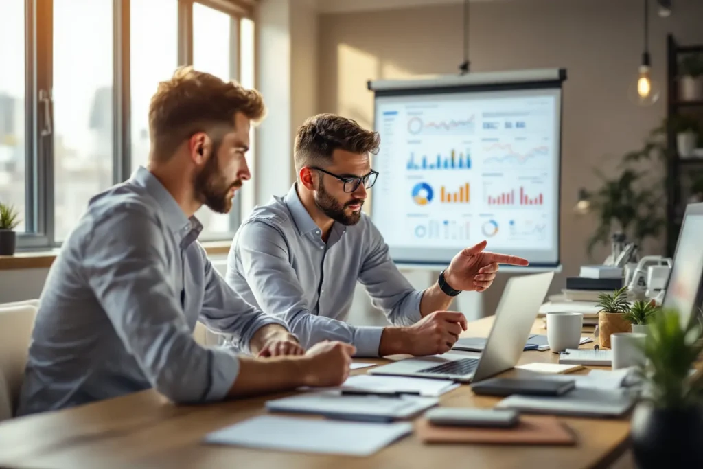 Profissionais de performance digital avaliando relatórios e estratégias de otimização em um sistema de tráfego pago.