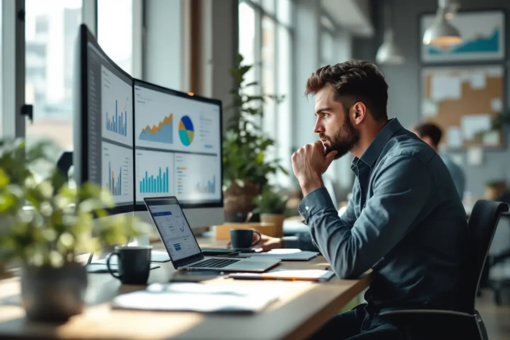 Profissional avaliando dados e desempenho de anúncios dentro de um sistema de tráfego pago inteligente