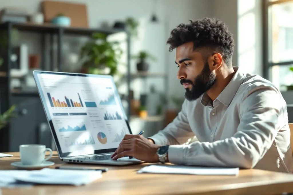 Gestor de marketing analisando gráficos e métricas relacionadas à jornada do cliente em um laptop.