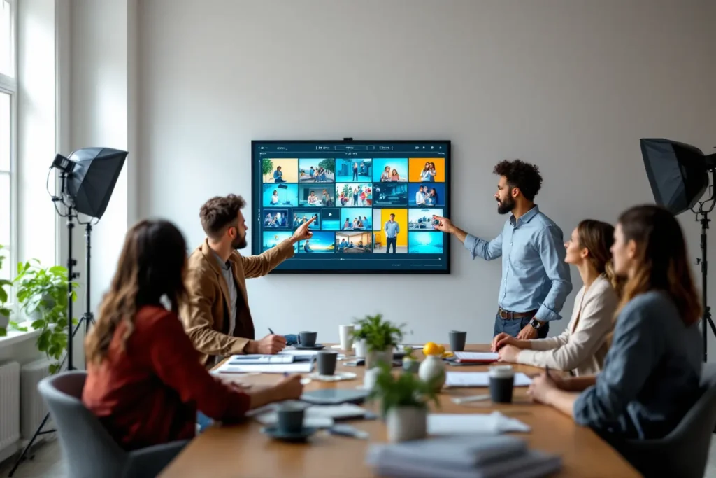 Equipe empresarial analisando vídeos e estratégias de comunicação em reunião com tela interativa