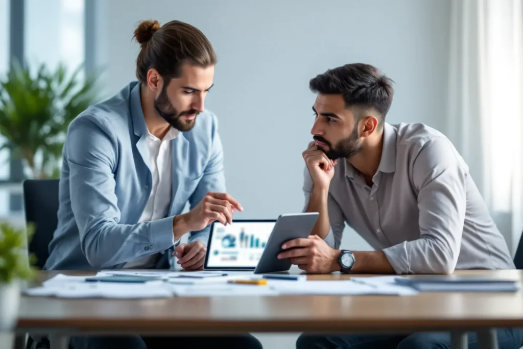 Consultores discutindo estratégias e gráficos de desempenho relacionados ao tráfego pago Instagram em tablet.

