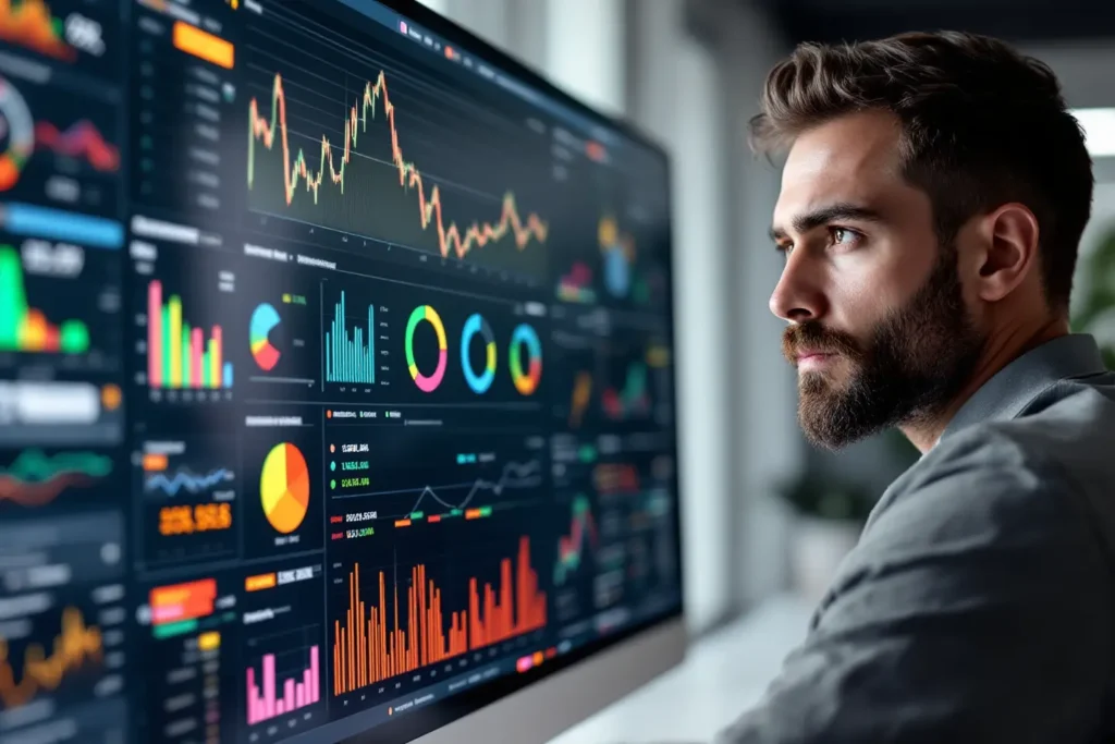 Profissional observando gráficos e indicadores de performance digital em monitor de alta resolução