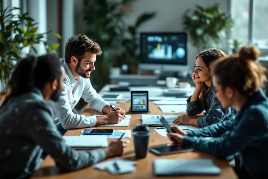 Equipe reunida planejando campanhas e analisando métricas para a Black Friday 2025 em ambiente corporativo