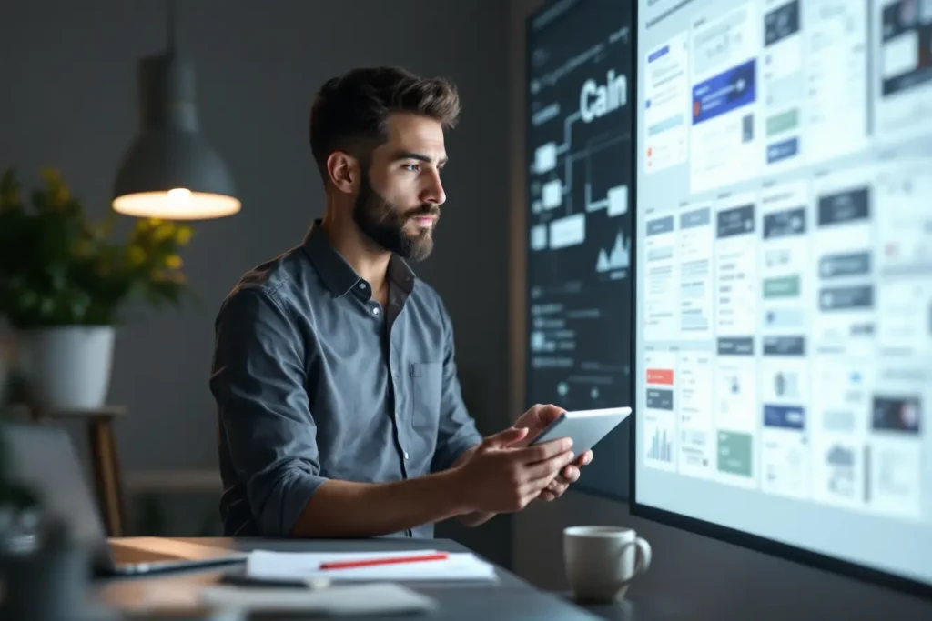 Especialista revisando fluxos de navegação e protótipos em display vertical, focado em arquitetura de informação UX