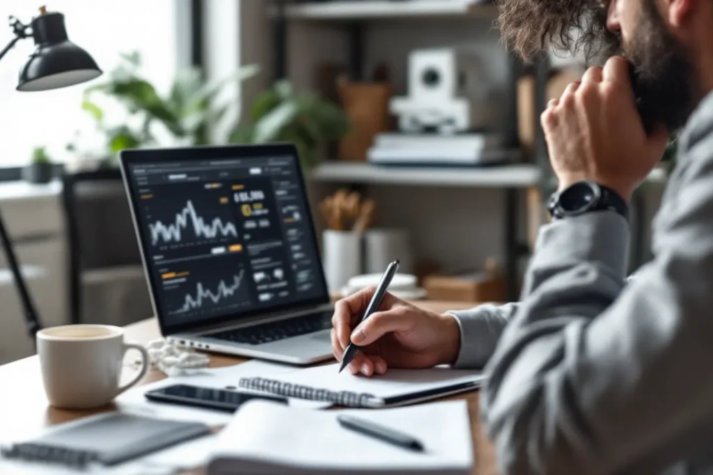 Analista concentrado revisando dados de desempenho no notebook durante planejamento de campanhas Black Friday