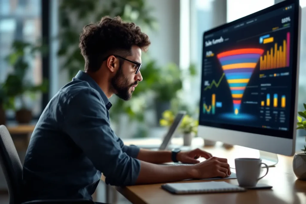 Analista observando funil e métricas de tráfego pago no Google Ads em tela grande