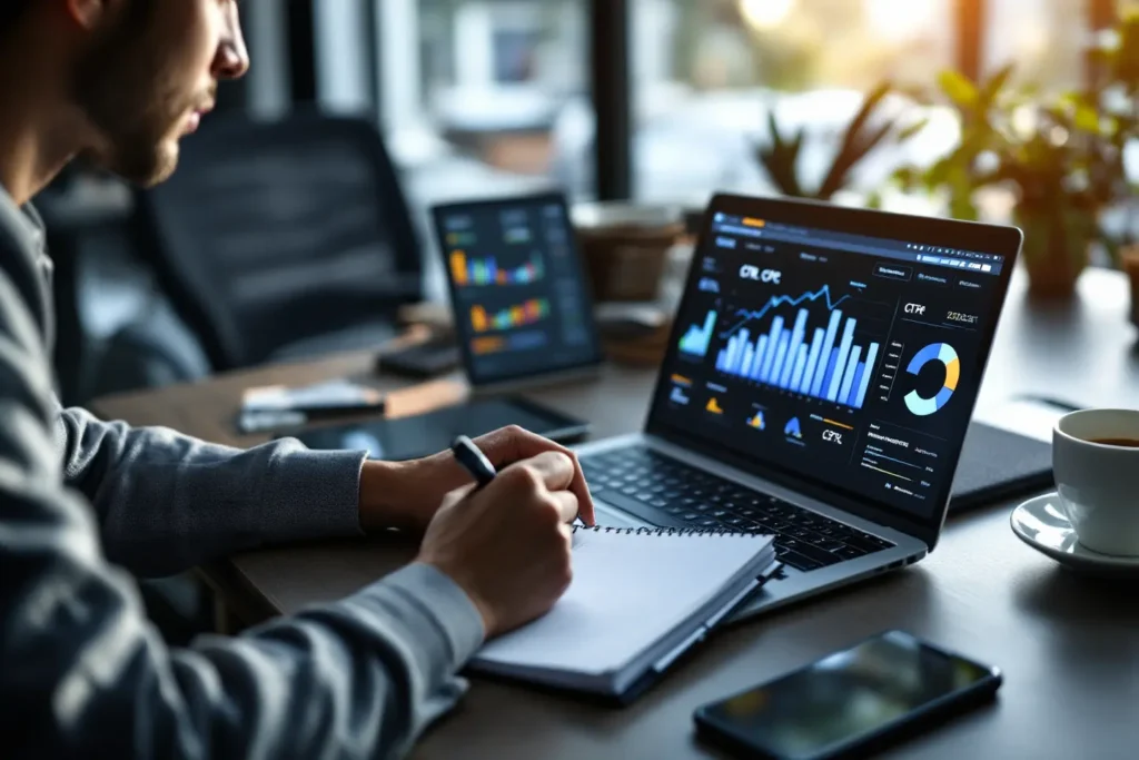 Analista avaliando métricas de tráfego pago Black Friday em dashboard de performance