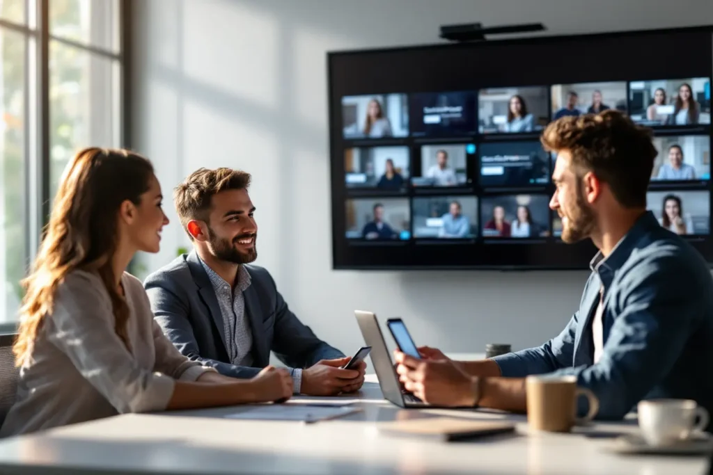 Grupo em reunião online analisando gravações de vídeos de depoimentos
