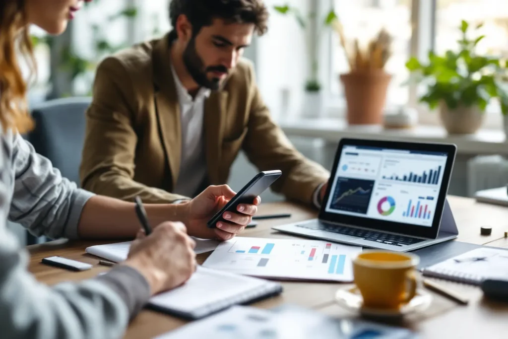 Equipe trabalhando com relatórios de desempenho e estratégias para formar público quente Black Friday