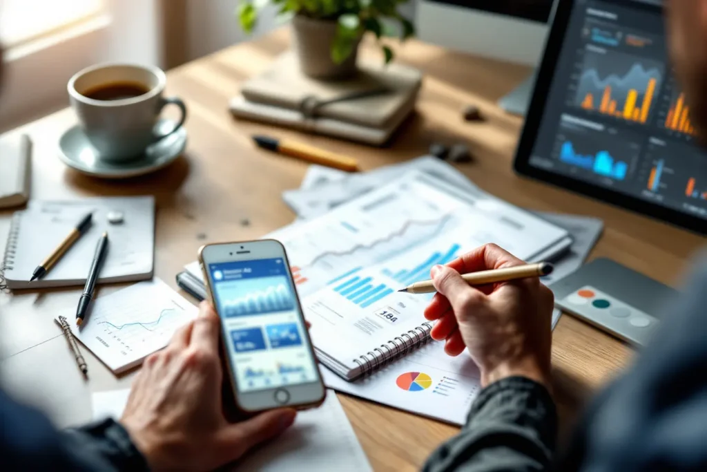 Profissional avaliando relatórios e gráficos de tráfego pago Facebook Ads em dispositivos móveis e computador
