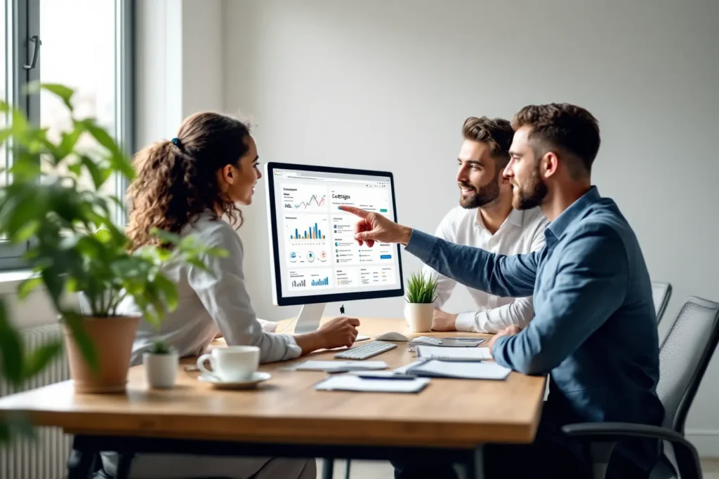 Equipe de marketing avaliando resultados de campanhas e estratégias de tráfego pago em reunião de escritório.