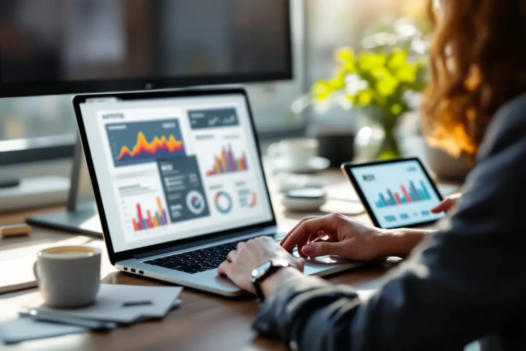 Equipe analisando métricas e desempenho em notebook e tablet para otimização de um hotsite para campanhas