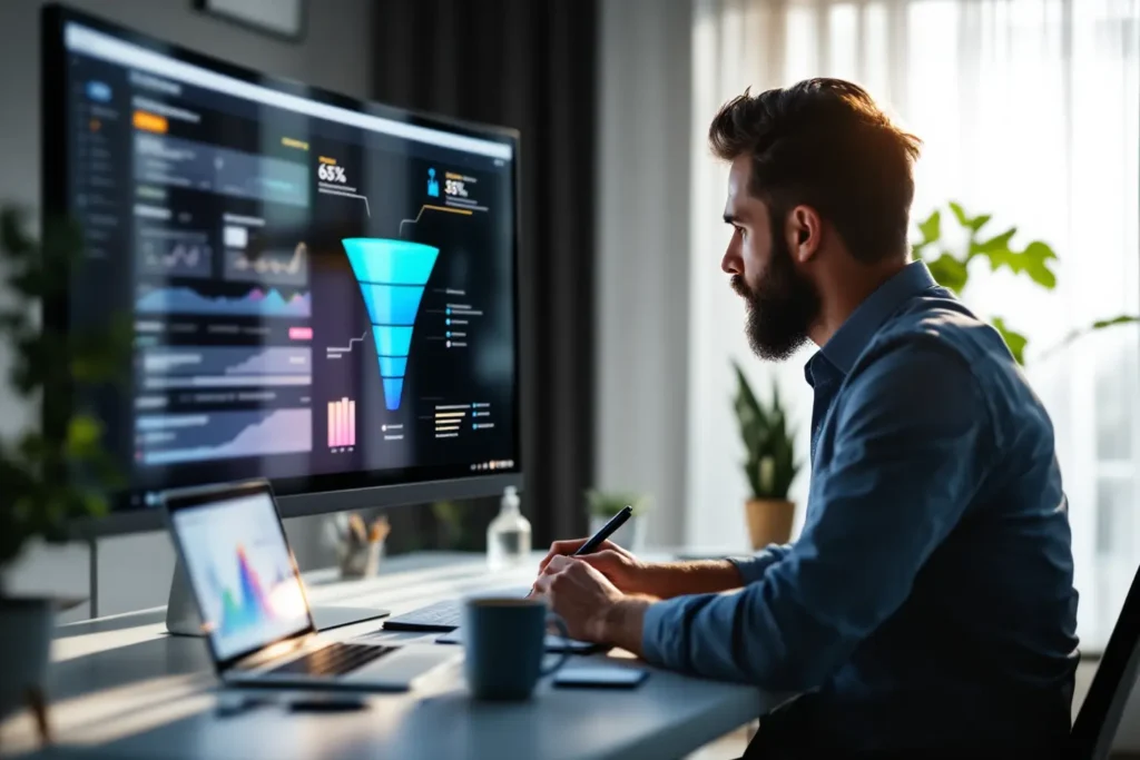 Analista estudando funil de vendas em monitor para otimizar uma oferta Black Friday serviços