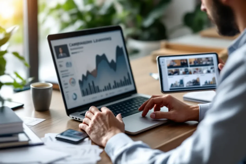 Gestor acompanhando métricas de anúncios de tráfego pago em laptop e tablet ao mesmo tempo