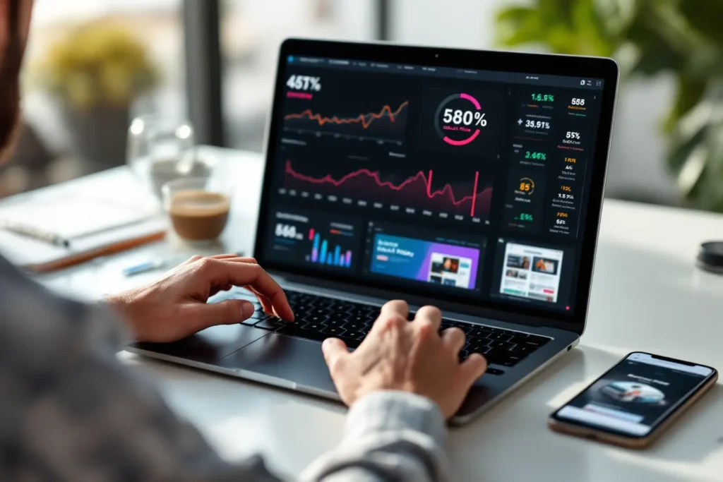 Profissional observando painéis de desempenho e gráficos de ROI tráfego pago Black Friday em um notebook