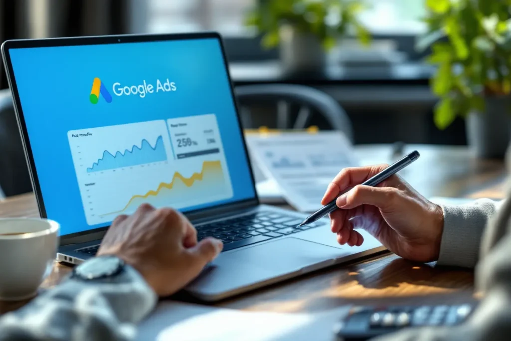 Pessoa estudando métricas de tráfego pago em painel do Google Ads no notebook