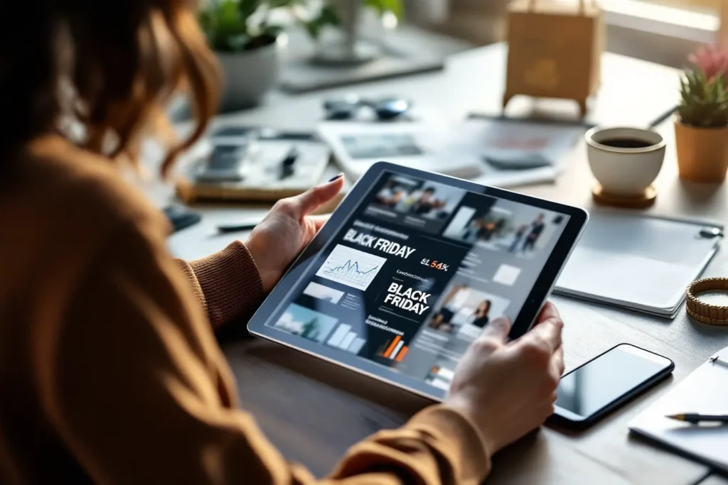 Empresária analisando painel de métricas no tablet com campanhas e gráficos focados em Black Friday B2B