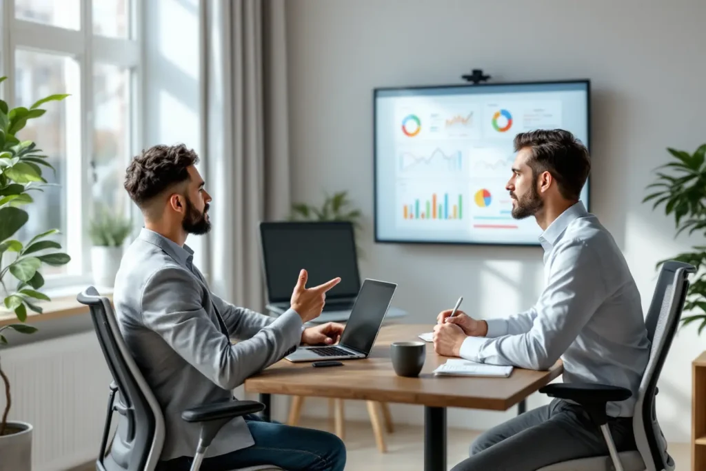 Reunião corporativa com análise de métricas e gráficos de performance de campanhas online