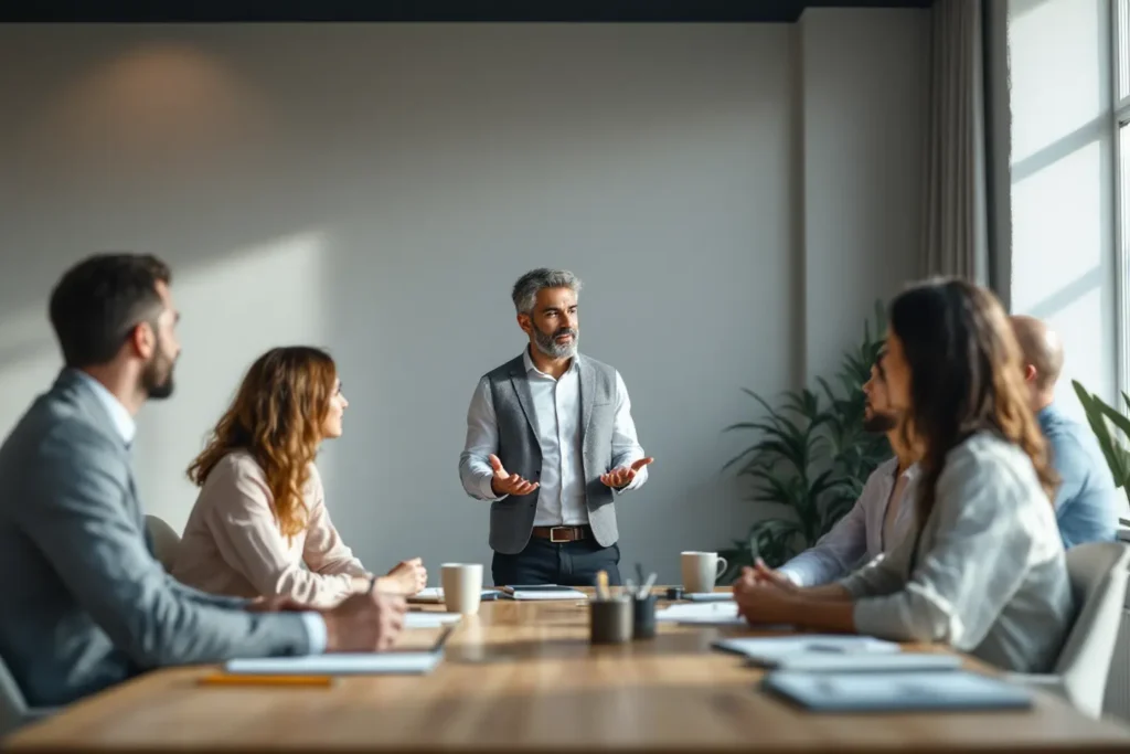 Líder apresentando resultados de marketing e vendas para equipe corporativa em sala de reunião
