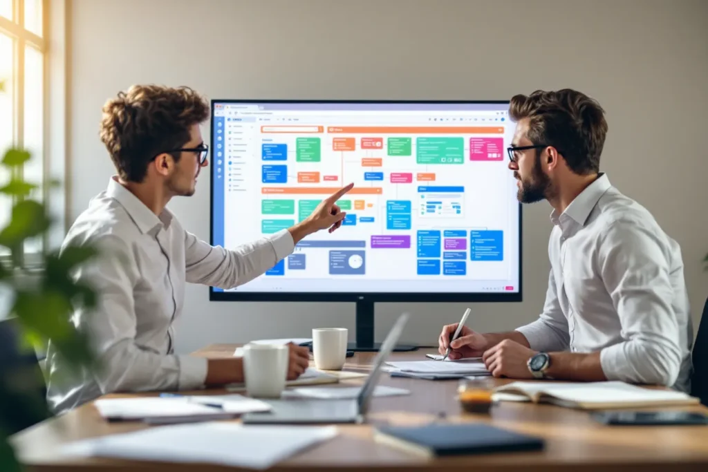 Equipe de UX planejando arquitetura de informação UX e jornada do usuário em projeto de site corporativo