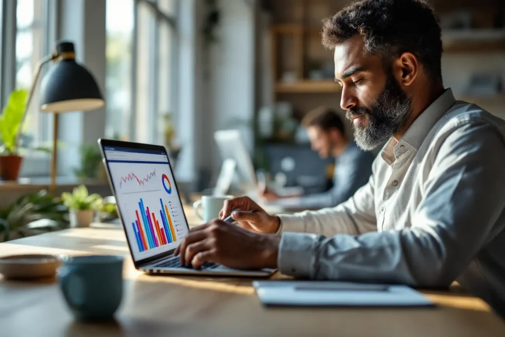 Gestor de tráfego configurando campanhas e monitorando resultados de um sistema de tráfego pago no notebook.