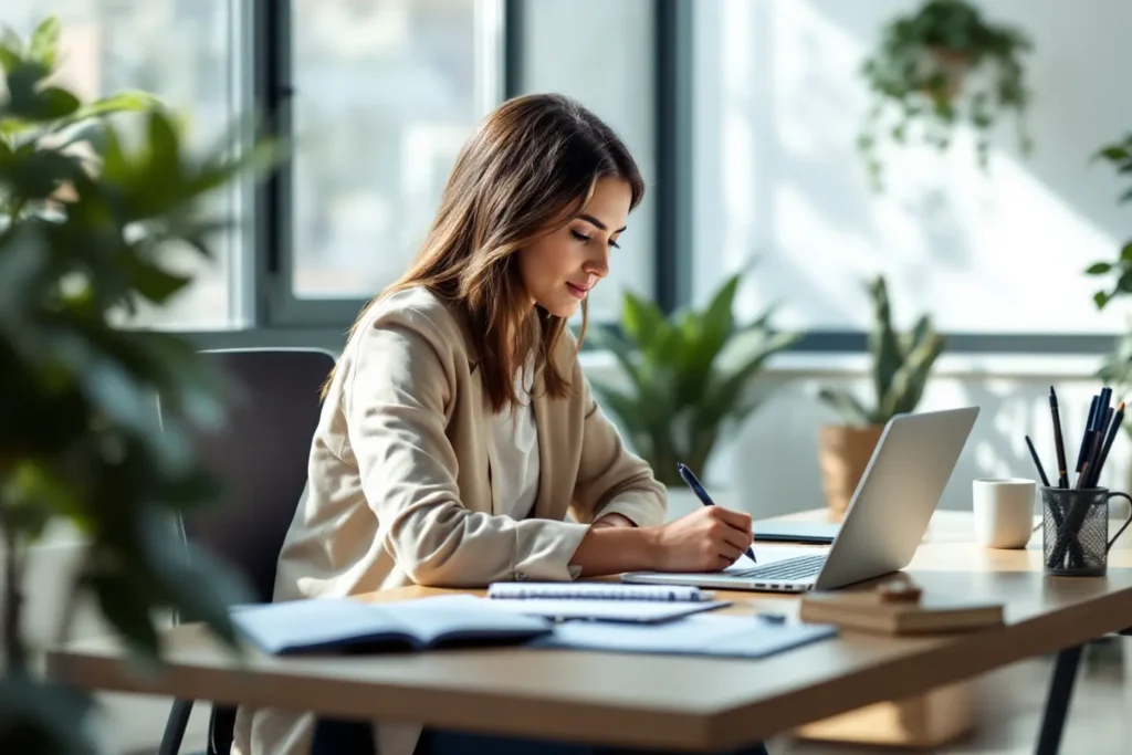 Estrategista digital estudando relatórios para otimizar resultados de tráfego pago inteligente em laptop