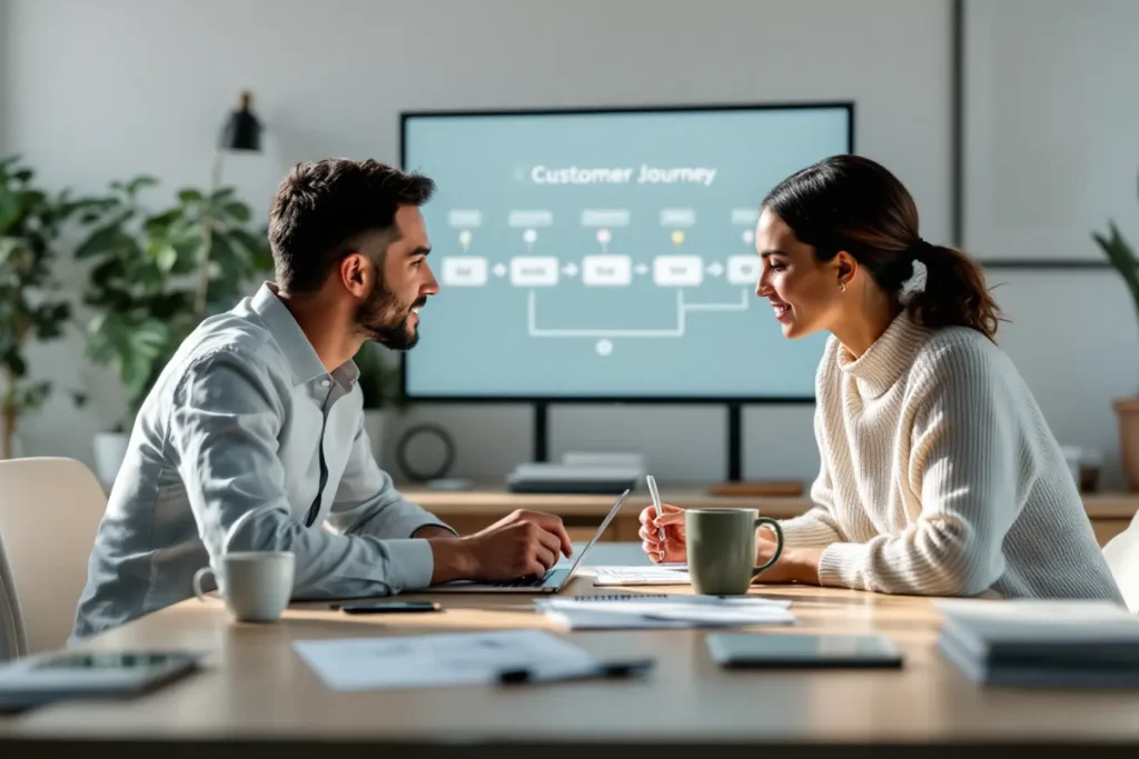 Consultores discutindo etapas da jornada do cliente em reunião de planejamento estratégico empresarial.