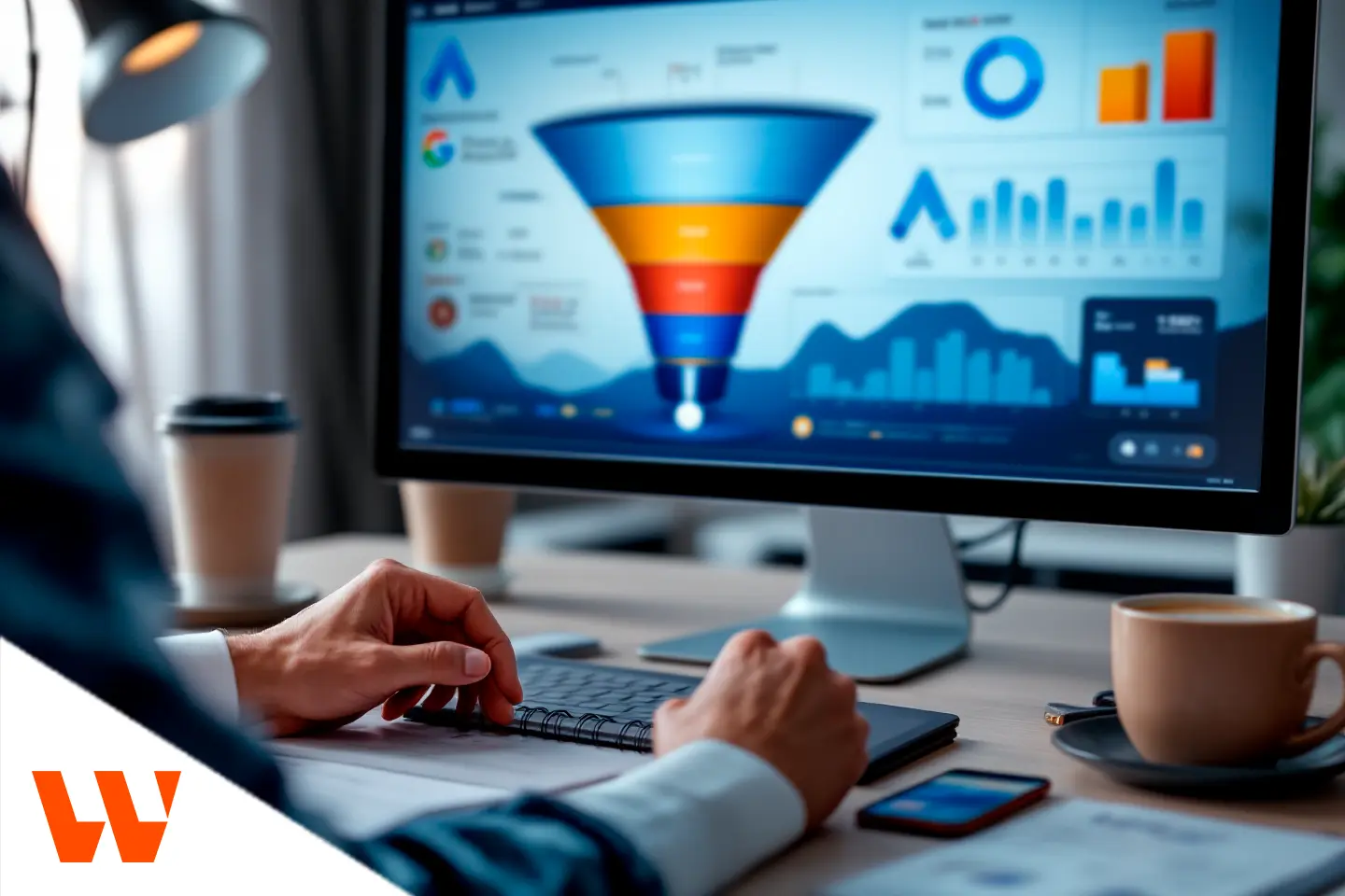 Profissional analisando funil de vendas no computador para otimizar anúncio tráfego pago