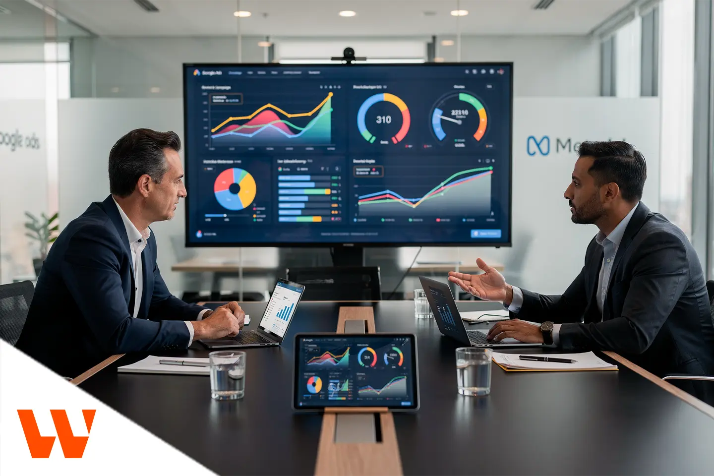 Reunião estratégica entre executivos analisando dashboards e resultados das melhores agências de tráfego pago.