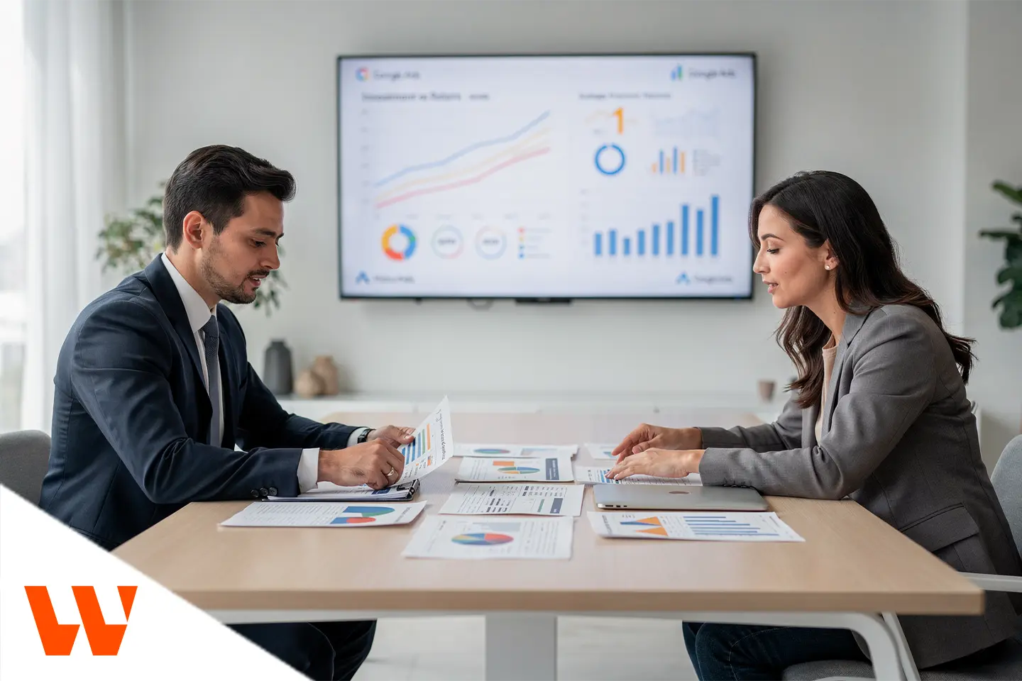 Reunião entre profissionais analisando relatórios e resultados para definir o preço gestão de tráfego pago.