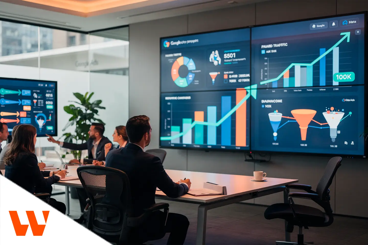 Equipe executiva analisando dashboards e métricas para escalar vendas empresa com tráfego pago estratégico.