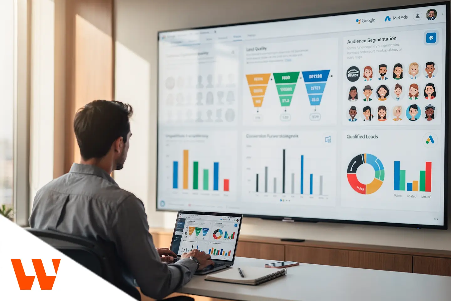 Gestor analisando funil e métricas em dashboard para reduzir custo por lead com tráfego pago estratégico.