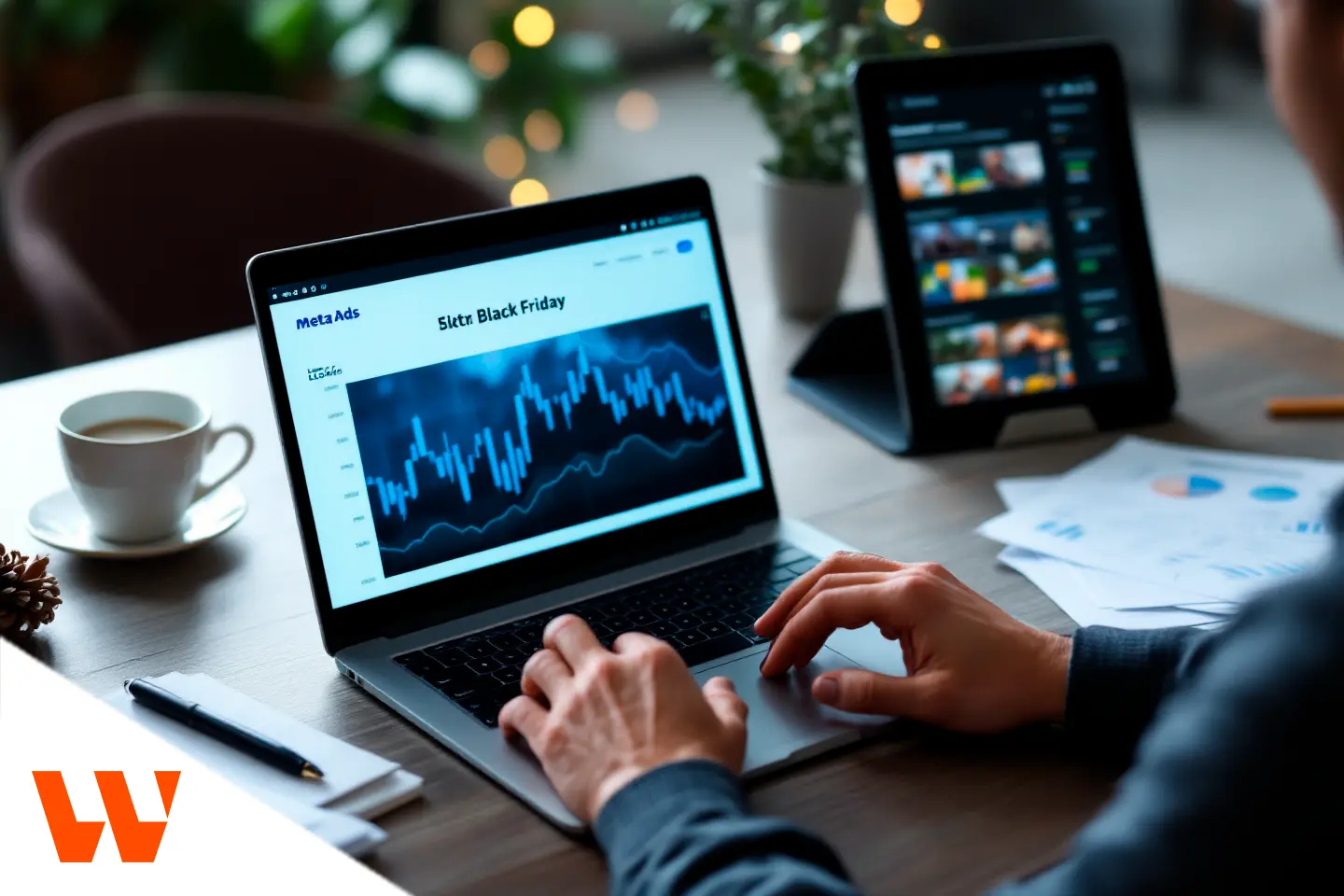 Pessoa analisando gráficos de desempenho no notebook durante estratégia de retenção pós Black Friday