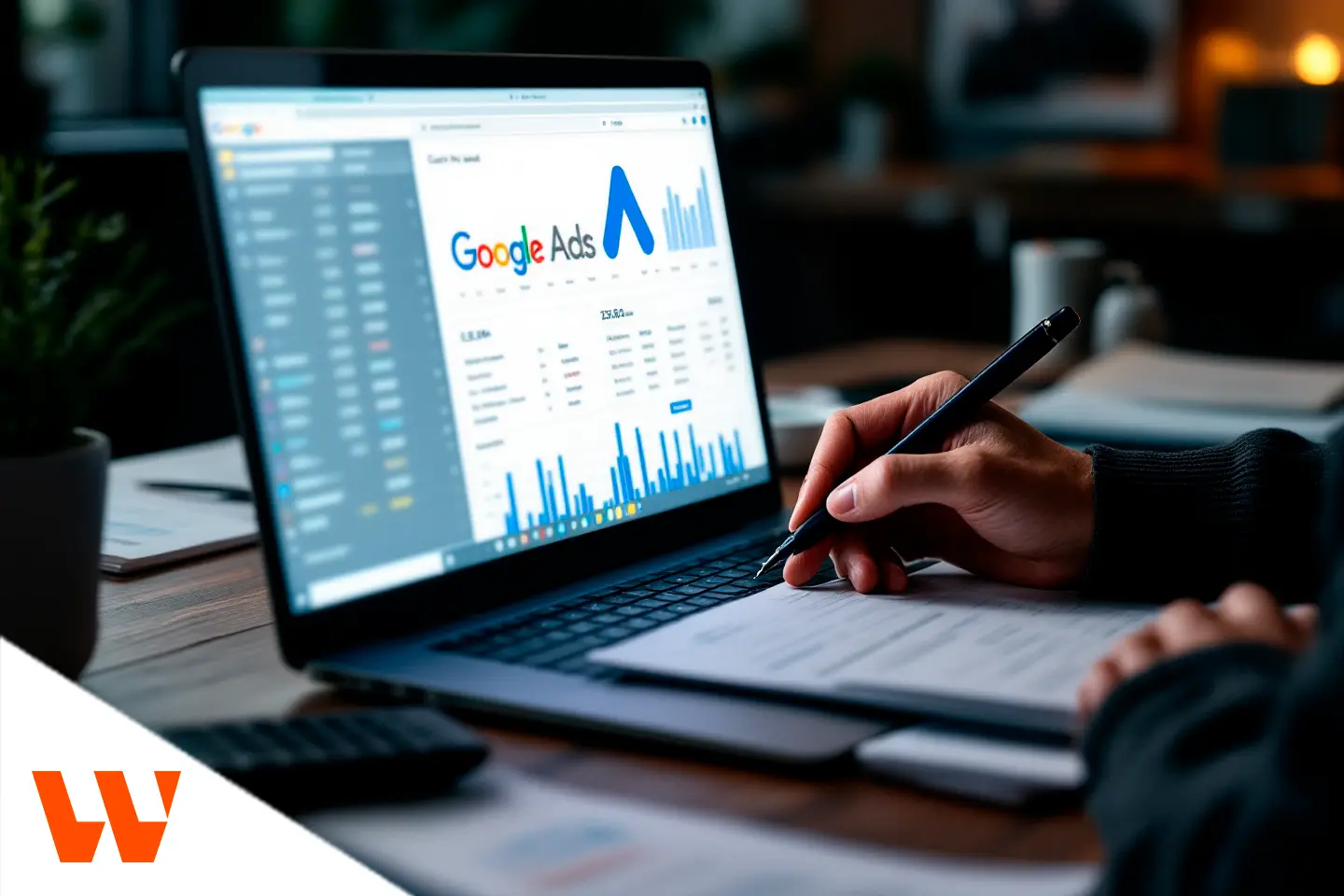 Profissional analisando métricas no Google Ads em notebook durante estratégia de tráfego pago para médicos.