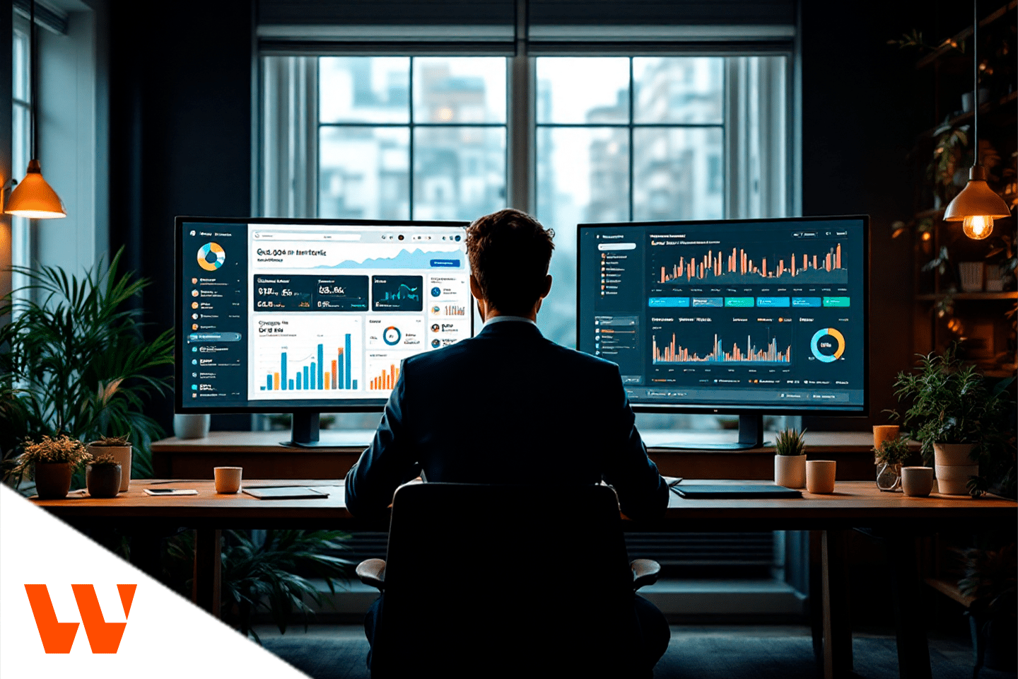 Gestor analisando dashboards de marketing para decidir investir tráfego pago ou orgânico com base em dados.