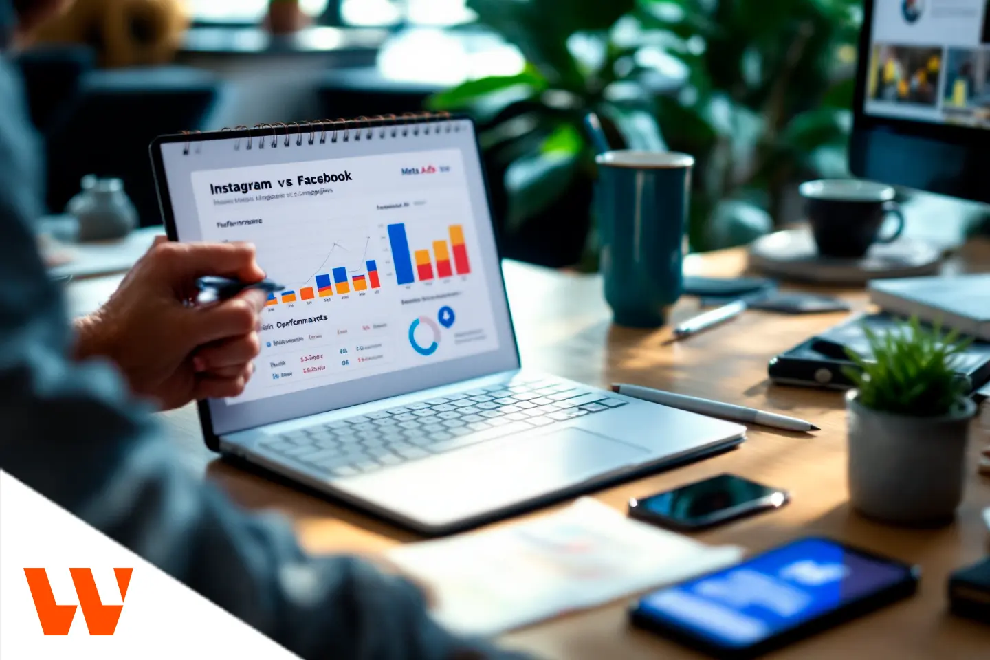 Profissional analisando gráficos no notebook sobre tráfego pago Instagram