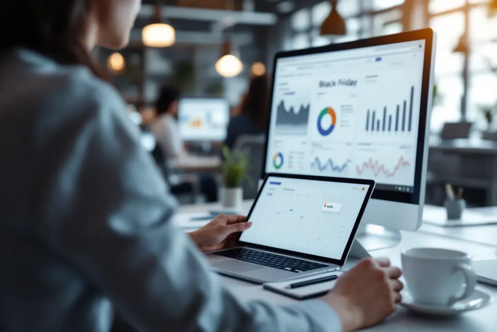 Analista avaliando gráficos de vendas em campanha de pós Black Friday