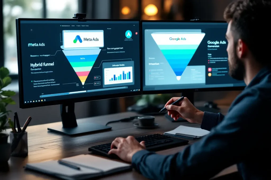 Gestor estudando funis e métricas de tráfego pago Google Ads em monitores