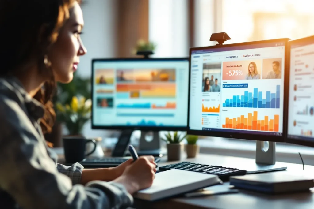 Gestora acompanhando métricas de tráfego pago Instagram em dois monitores