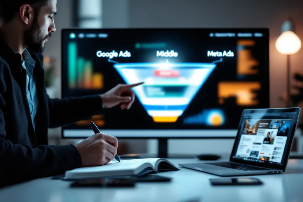 Gestor apontando para funil digital enquanto planeja estratégia de anúncio tráfego pago
