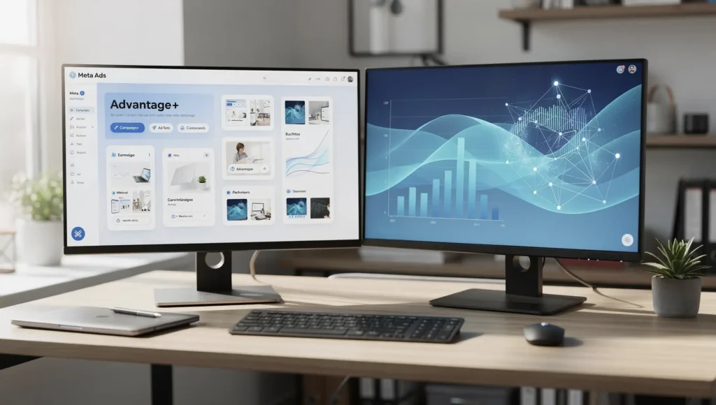 Painel do Meta Ads Advantage+ com gráficos e automação focada em performance no tráfego pago instagram.