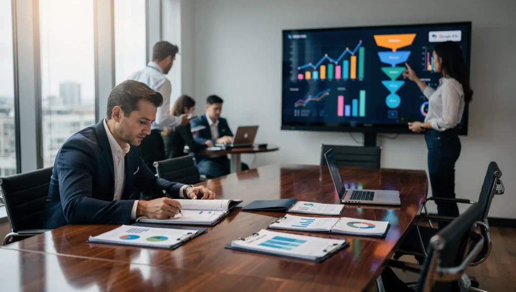 Equipe de marketing avaliando relatórios e funil de vendas em reunião das melhores agências de tráfego pago.
