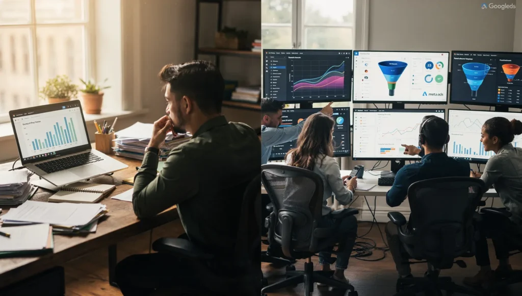 Comparação entre análise individual e equipe especializada no impacto do preço gestão de tráfego pago.