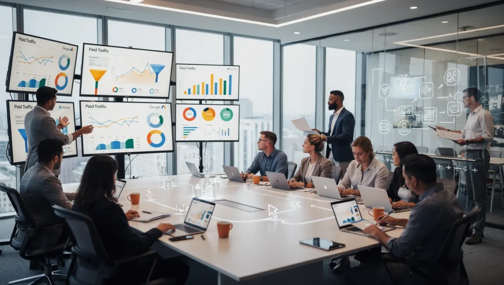 Reunião de marketing e vendas avaliando funil e dados para escalar vendas empresa com previsibilidade.