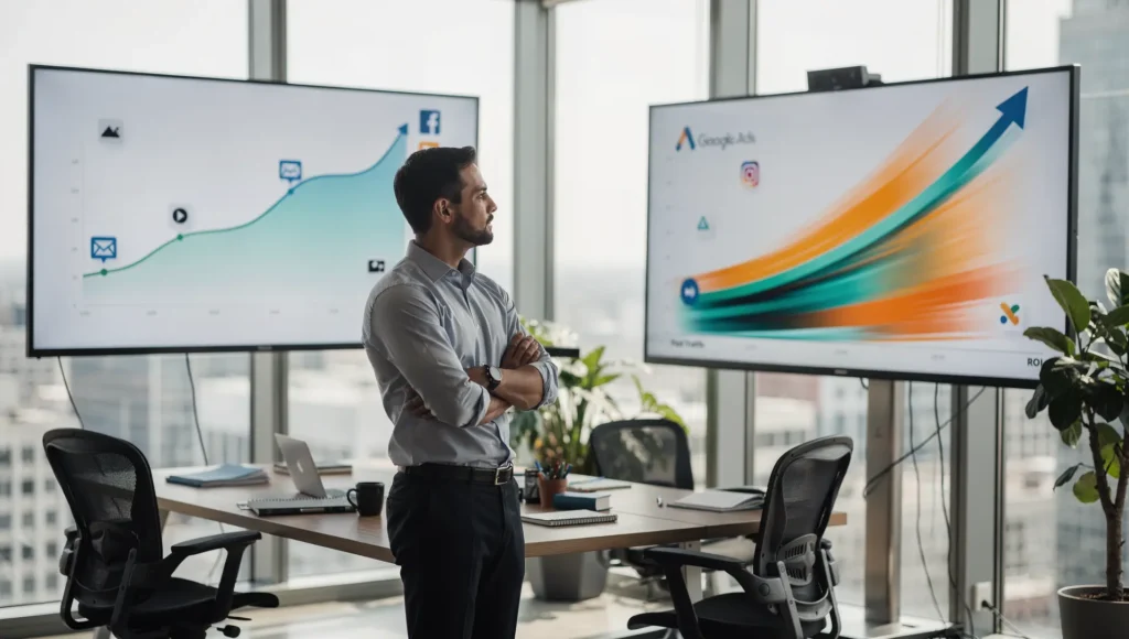 Executivo avaliando gráficos de crescimento para definir se deve investir tráfego pago ou orgânico na estratégia.