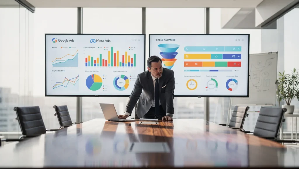 CEO avaliando indicadores em dashboard de marketing integrado a vendas e receita.