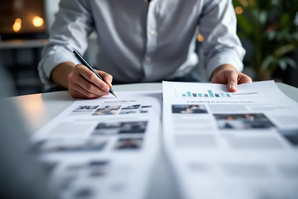 Profissional revisando documentos impressos com análises de hotsite vs landing page