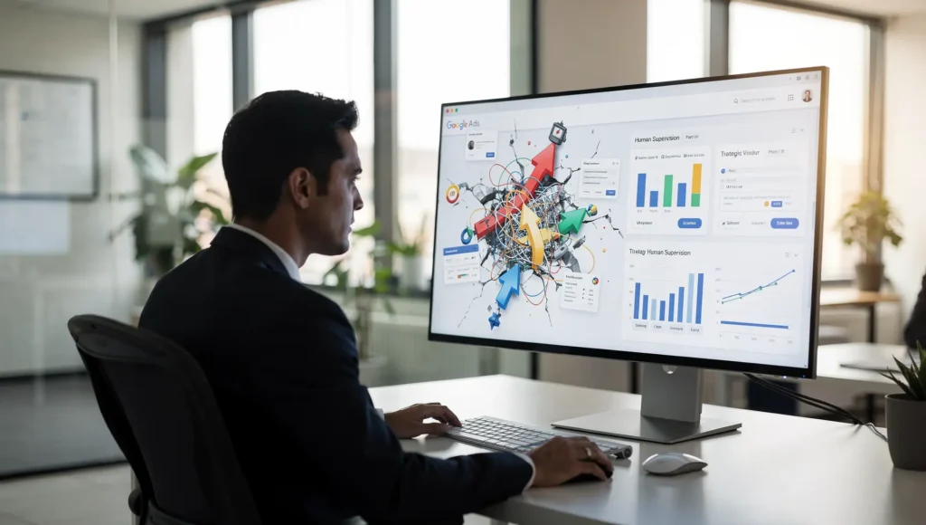 Profissional avaliando dados e gráficos ao identificar por que a empresa não vende no Google.