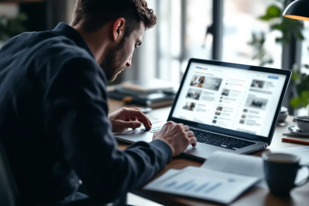 Homem navegando em relatórios digitais no laptop enquanto trabalha retenção pós Black Friday.