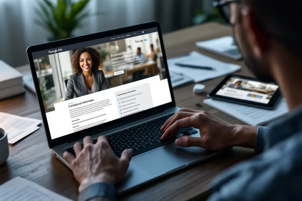 Homem navegando em página institucional no notebook enquanto aplica tráfego pago para médicos.